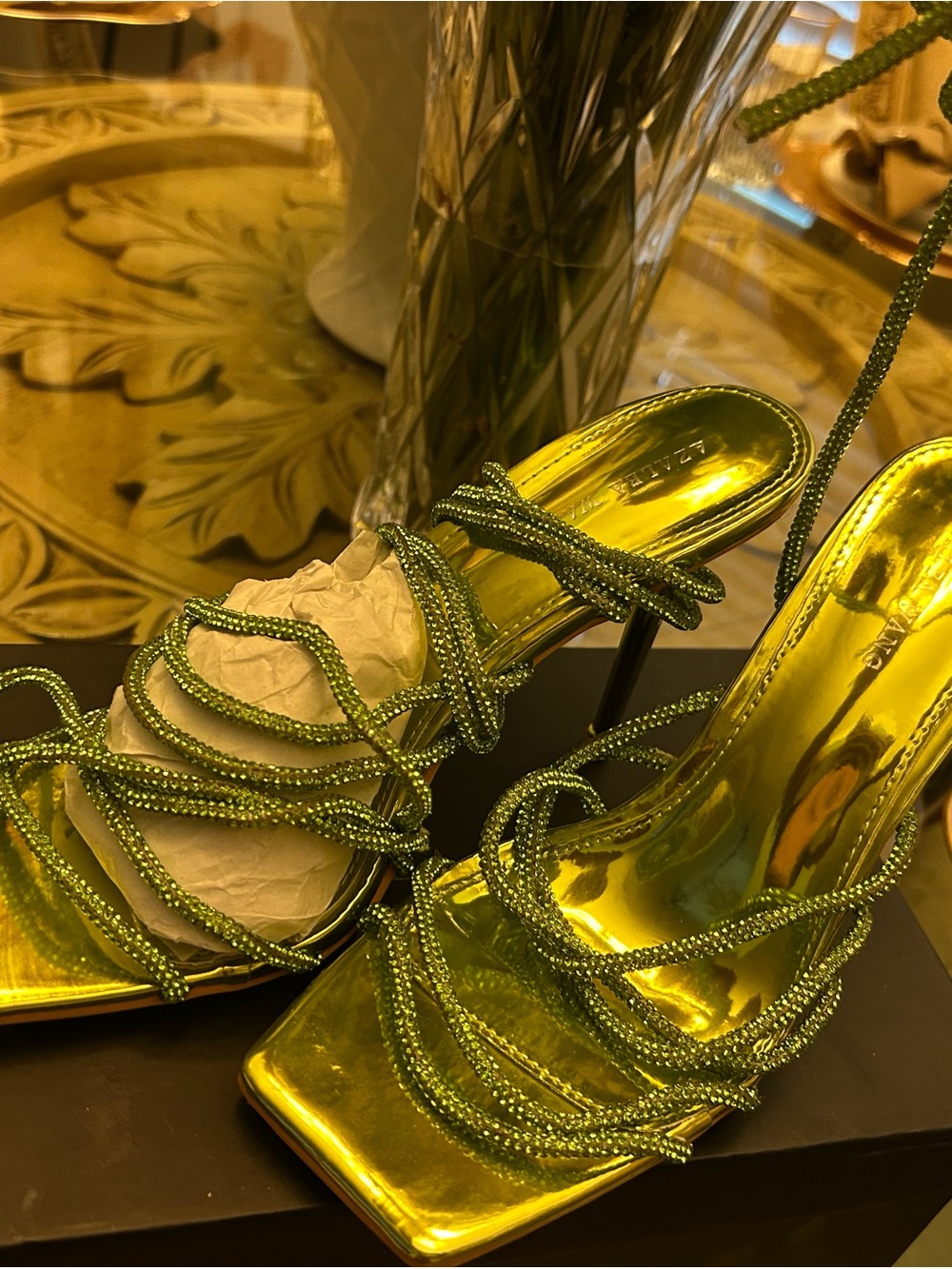 Metallic Green Strappy Beaded High-Heel Sandals